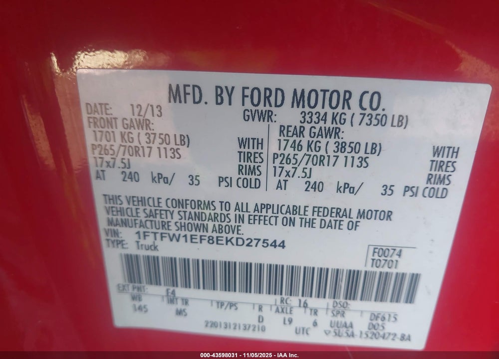 2014 FORD F-150 VIN: 1FTFW1EF8EKD27544