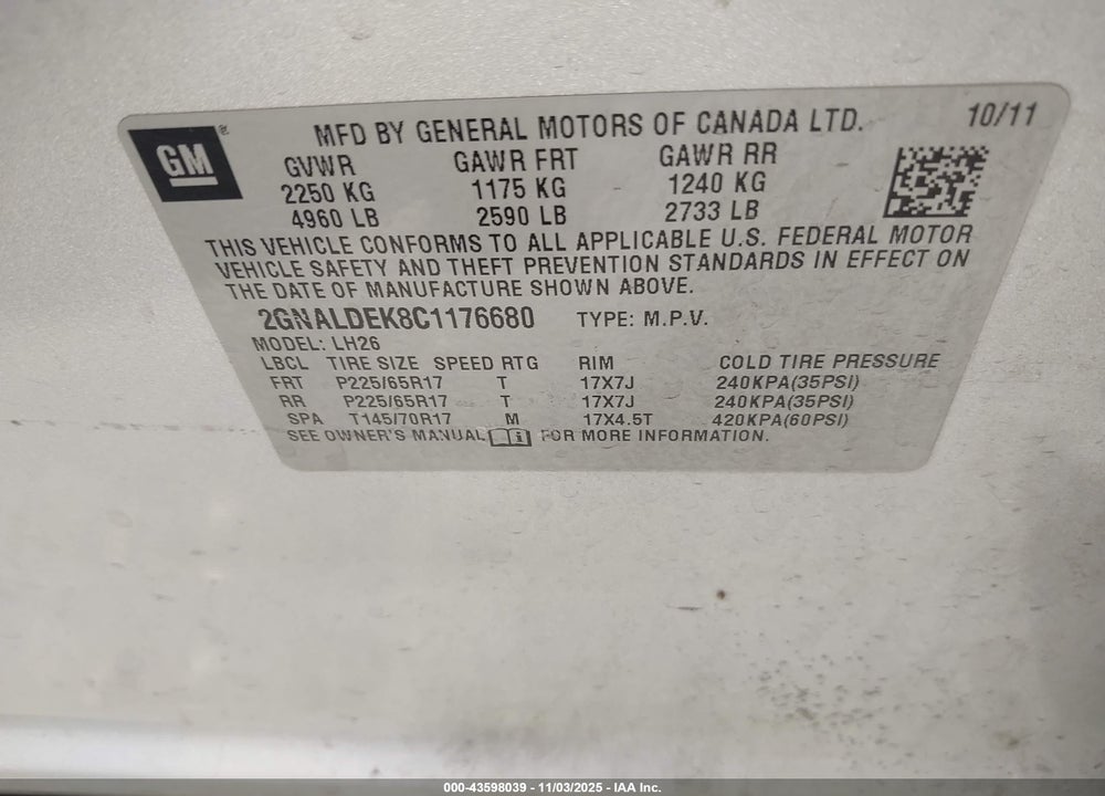 2012 CHEVROLET EQUINOX 1LT VIN: 2GNALDEK8C1176680