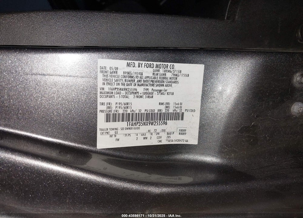 2009 FORD FOCUS VIN: 1FAHP35NX9W255596