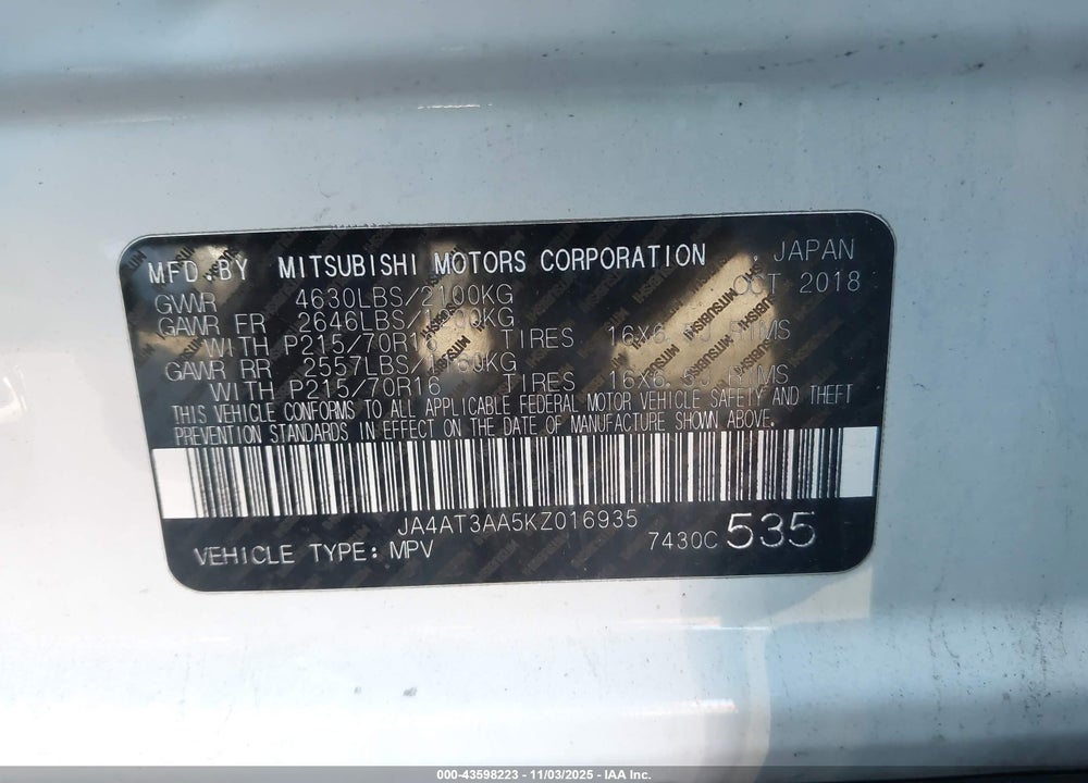 2019 MITSUBISHI ECLIPSE CROSS ES VIN: JA4AT3AA5KZ016935