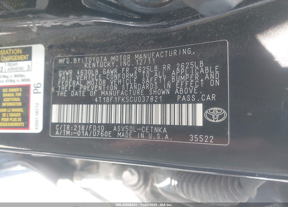 2012 TOYOTA CAMRY LE VIN: 4T1BF1FK5CU037821