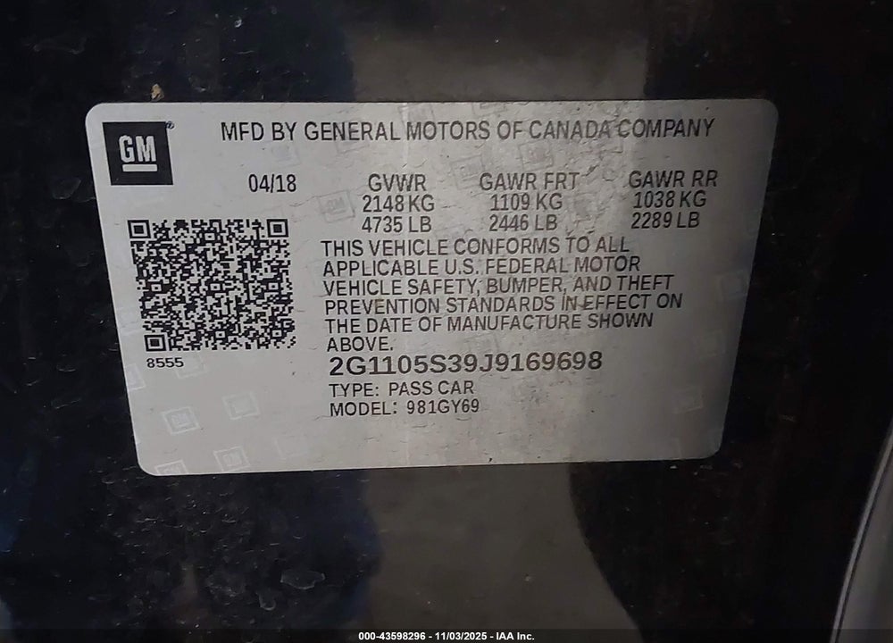 2018 CHEVROLET IMPALA 1LT VIN: 2G1105S39J9169698