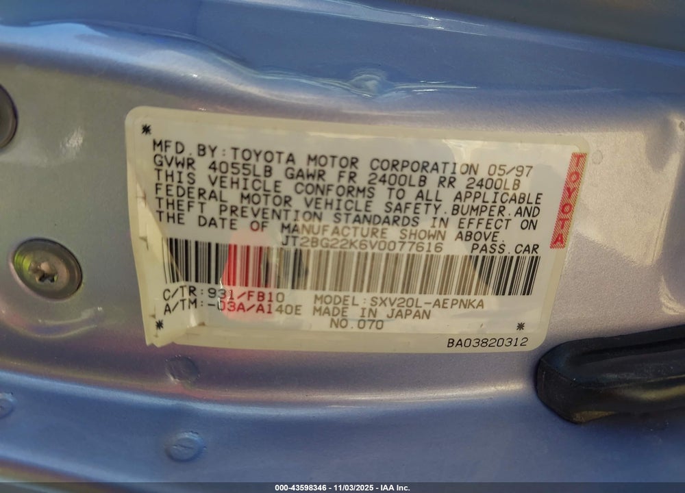 1997 TOYOTA CAMRY LE VIN: JT2BG22K6V0077616