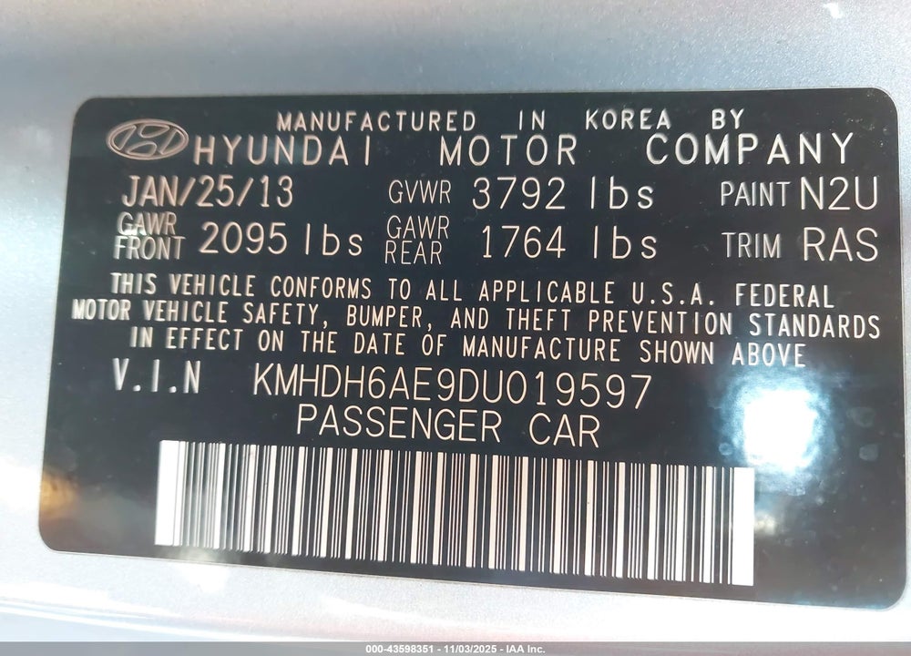 2013 HYUNDAI ELANTRA SE VIN: KMHDH6AE9DU019597