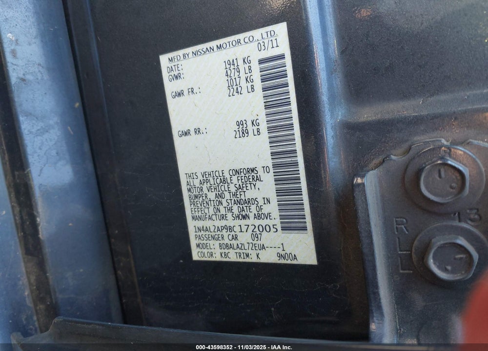 2011 NISSAN ALTIMA 2.5 VIN: 1N4AL2AP9BC172005