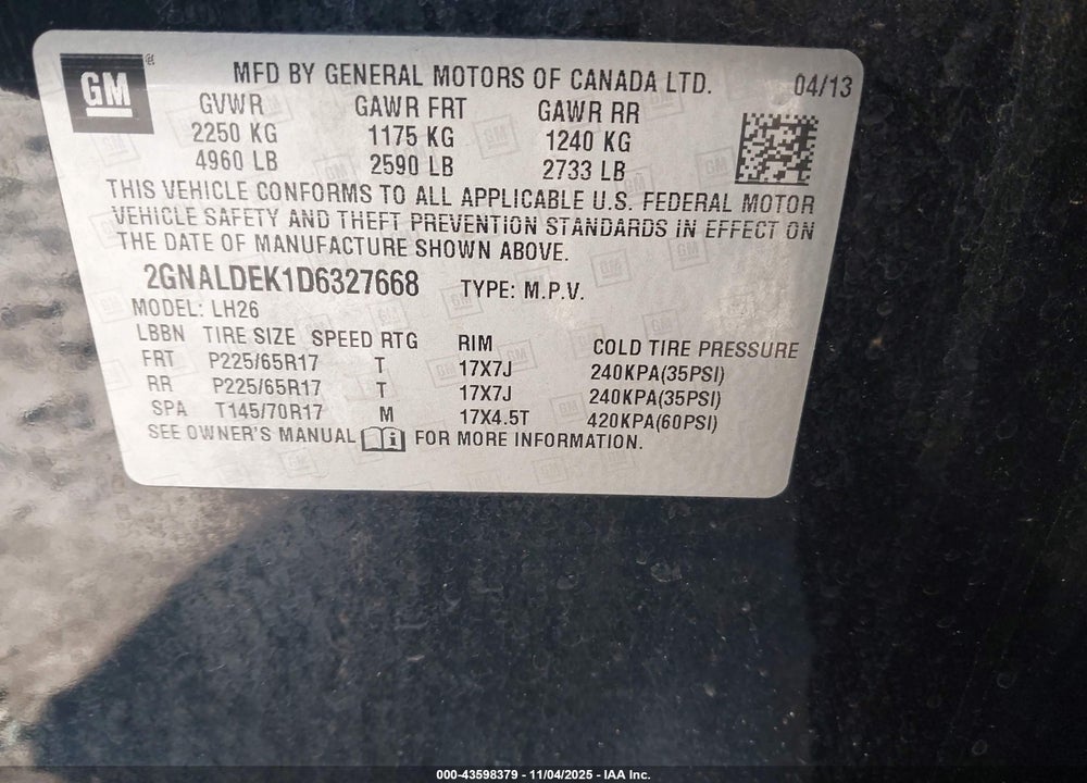 2013 CHEVROLET EQUINOX 1LT VIN: 2GNALDEK1D6327668