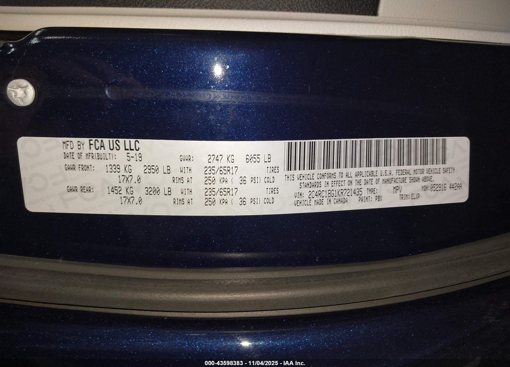 2019 CHRYSLER PACIFICA VIN: 2C4RC1BG1KR721435