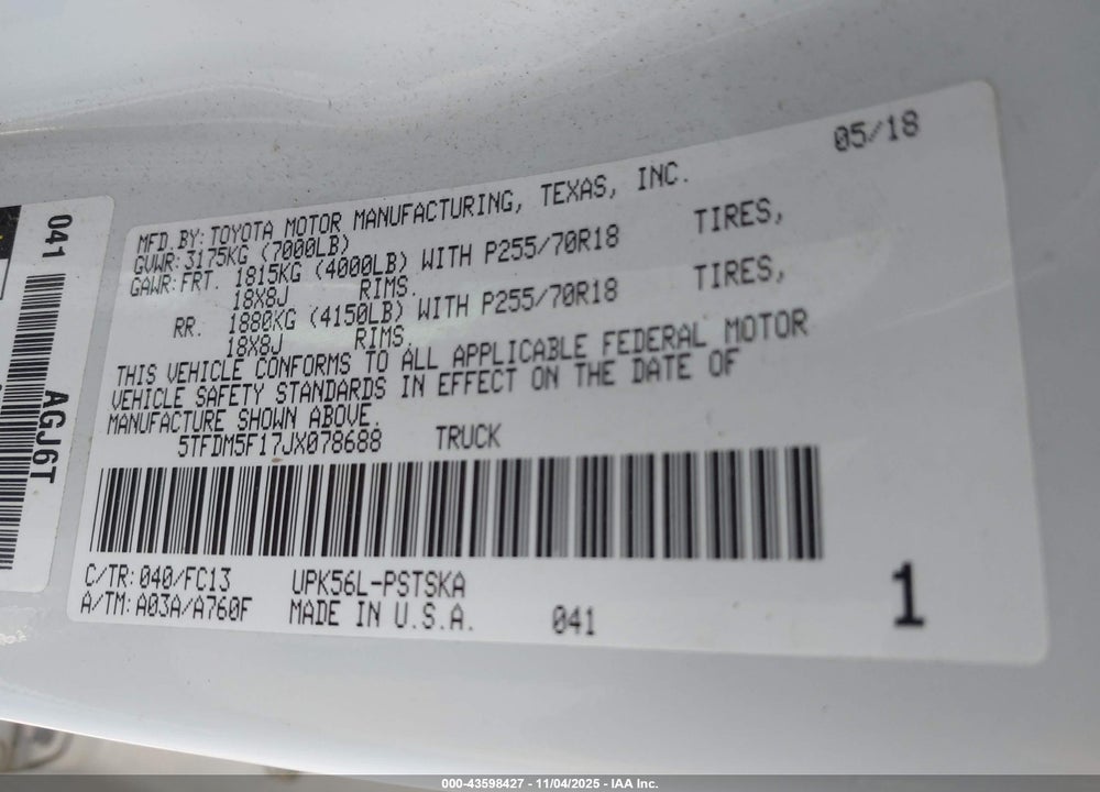 2018 TOYOTA TUNDRA SR5 4.6L V8 VIN: 5TFDM5F17JX078688