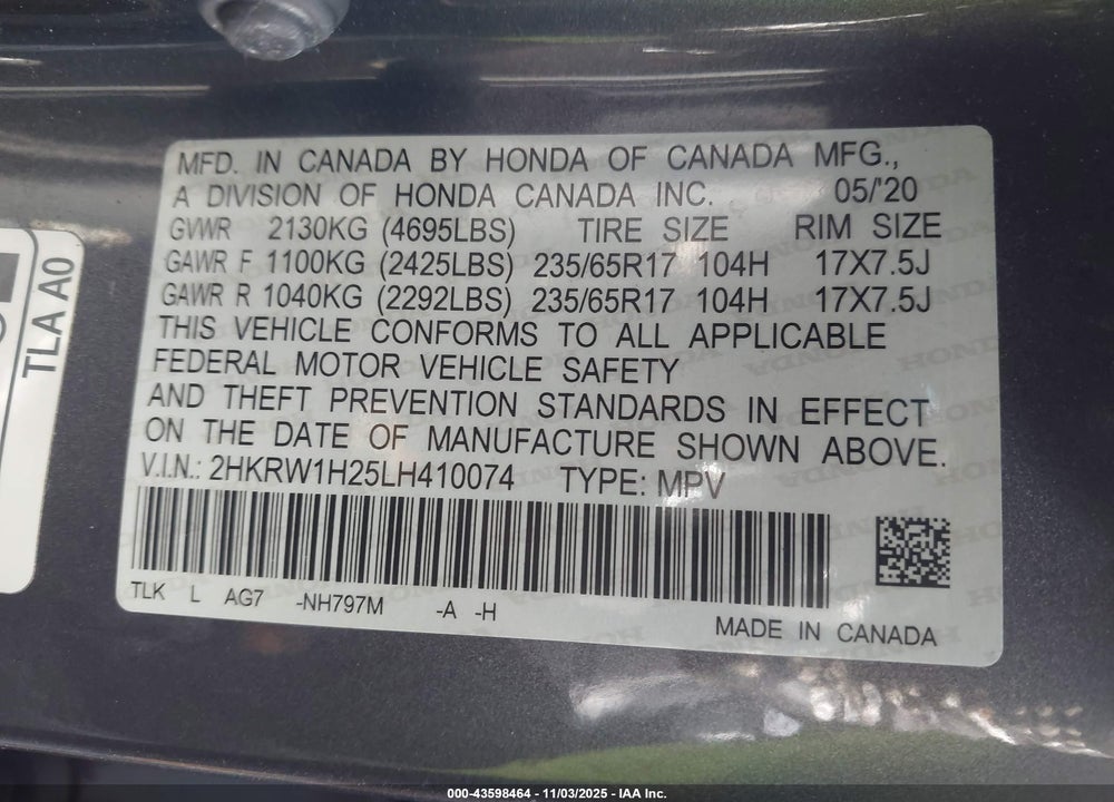 2020 HONDA CR-V 2WD LX VIN: 2HKRW1H25LH410074