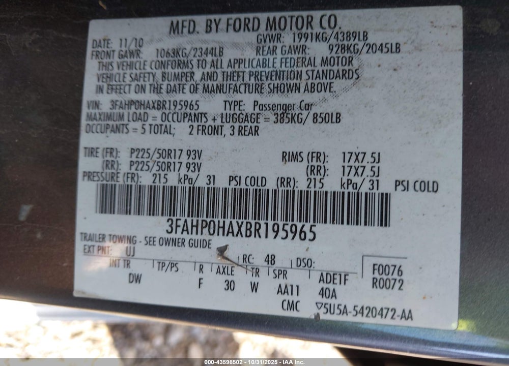 2011 FORD FUSION SE VIN: 3FAHP0HAXBR195965