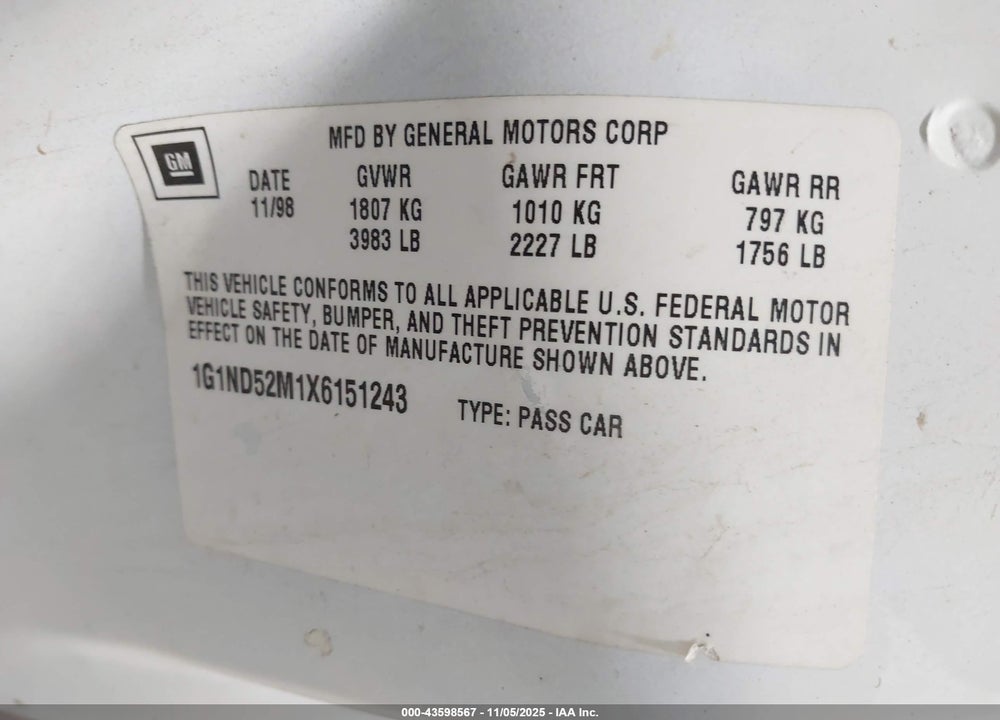 1999 CHEVROLET MALIBU VIN: 1G1ND52M1X6151243