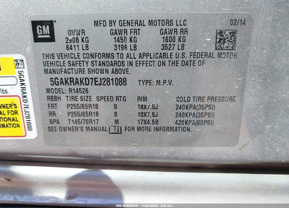 2014 BUICK ENCLAVE CONVENIENCE VIN: 5GAKRAKD7EJ281088
