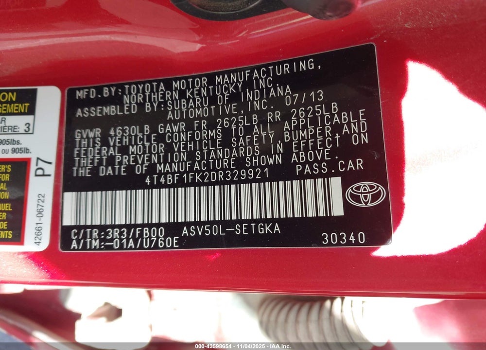 2013 TOYOTA CAMRY XLE VIN: 4T4BF1FK2DR329921