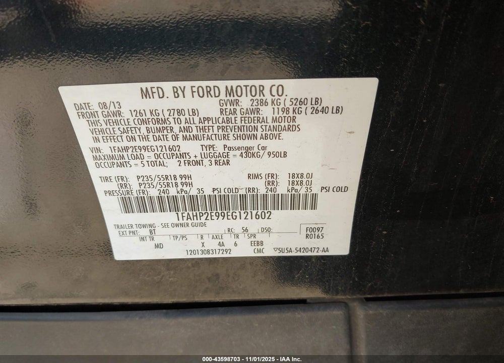 2014 FORD TAURUS VIN: 1FAHP2E99EG121602
