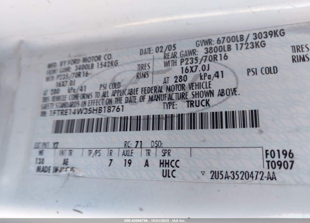 2005 FORD E-150 COMMERCIAL/RECREATIONAL VIN: 1FTRE14W35HB18761