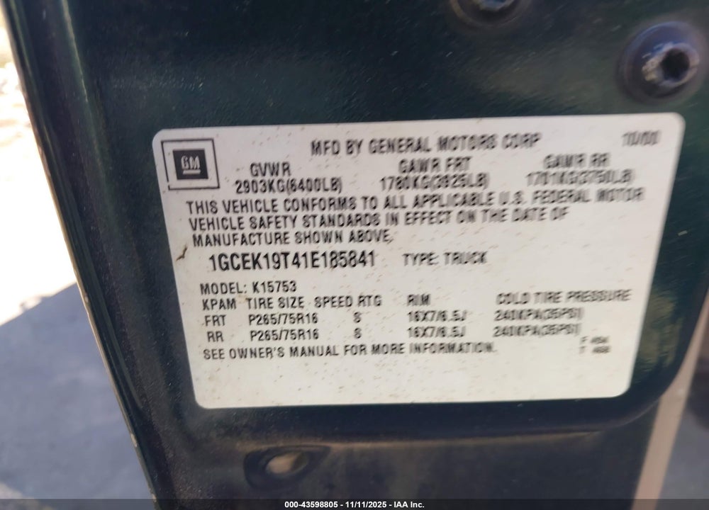 2001 CHEVROLET SILVERADO 1500 LS VIN: 1GCEK19T41E185841