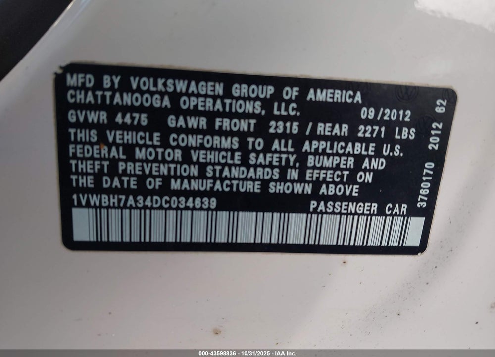 2013 VOLKSWAGEN PASSAT 2.5L SE VIN: 1VWBH7A34DC034639