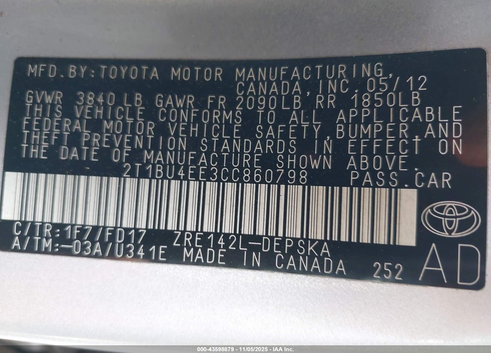 2012 TOYOTA COROLLA S VIN: 2T1BU4EE3CC860798