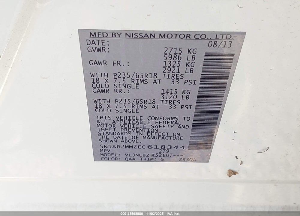 2014 NISSAN PATHFINDER S/SV/SL/PLATINUM VIN: 5N1AR2MM2EC618344