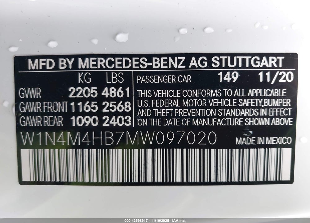 2021 MERCEDES-BENZ GLB 250 4MATIC VIN: W1N4M4HB7MW097020
