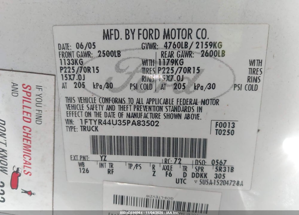 2005 FORD RANGER EDGE/STX/XLT VIN: 1FTYR44U35PA83502
