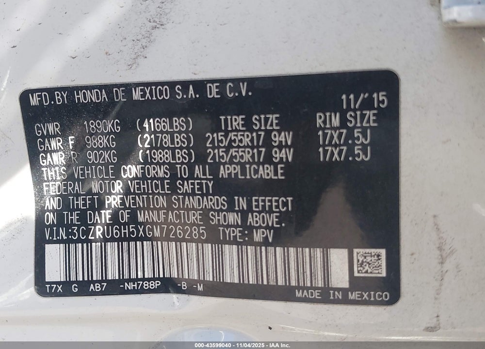2016 HONDA HR-V EX VIN: 3CZRU6H5XGM726285