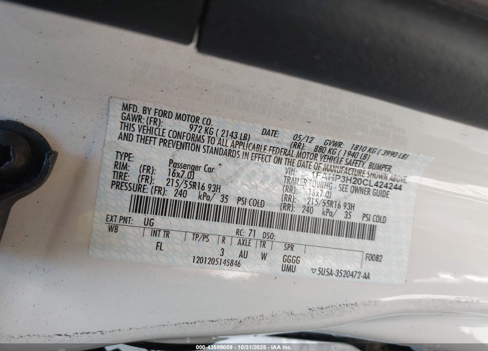2012 FORD FOCUS SEL VIN: 1FAHP3H20CL424244
