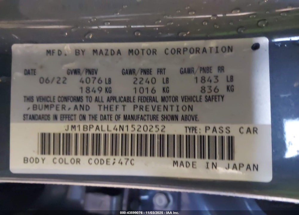 2022 MAZDA 3 CARBON EDITION VIN: JM1BPALL4N1520252