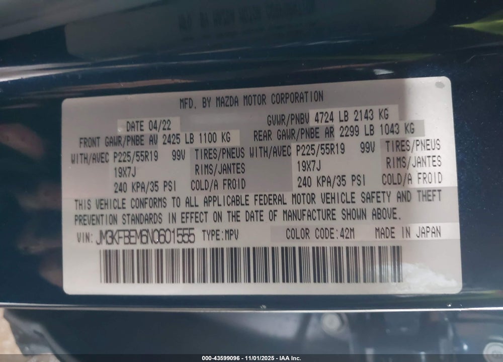 2022 MAZDA CX-5 2.5 S PREMIUM PLUS VIN: JM3KFBEM6N0601555