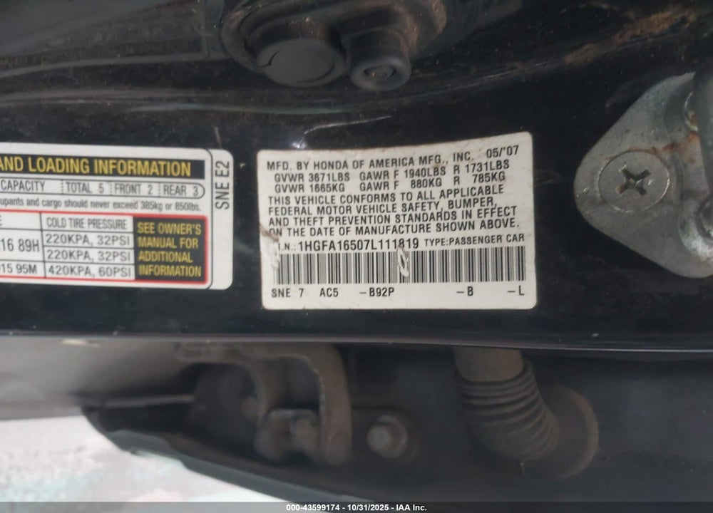 2007 HONDA CIVIC LX VIN: 1HGFA16507L111819