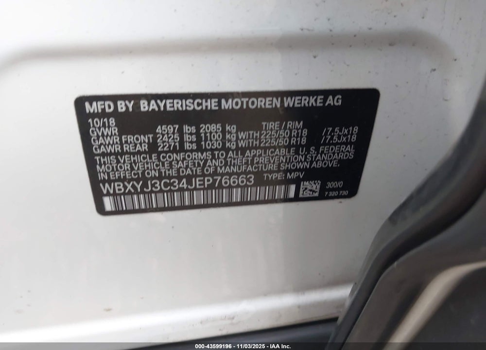 2018 BMW X2 VIN: WBXYJ3C34JEP76663