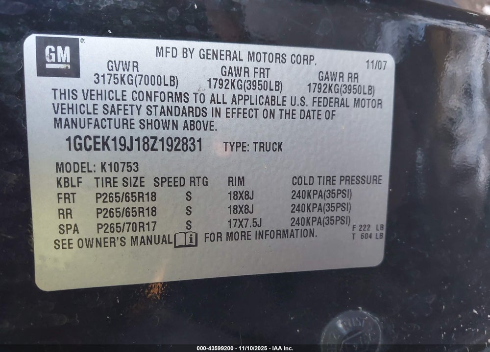 2008 CHEVROLET SILVERADO 1500 LT1 VIN: 1GCEK19J18Z192831