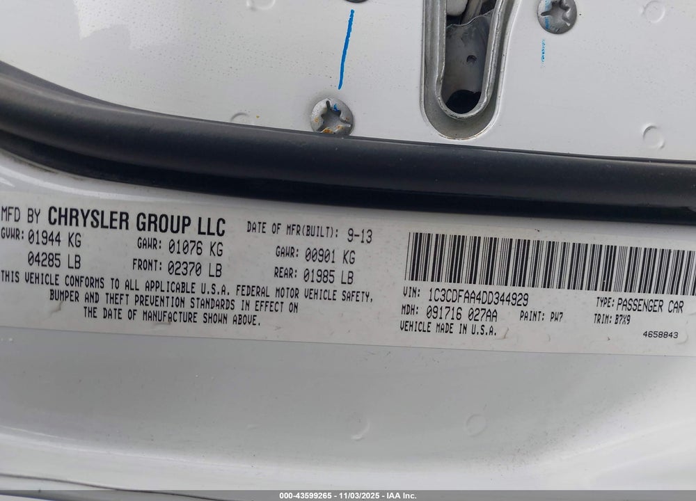 2013 DODGE DART SE VIN: 1C3CDFAA4DD344929