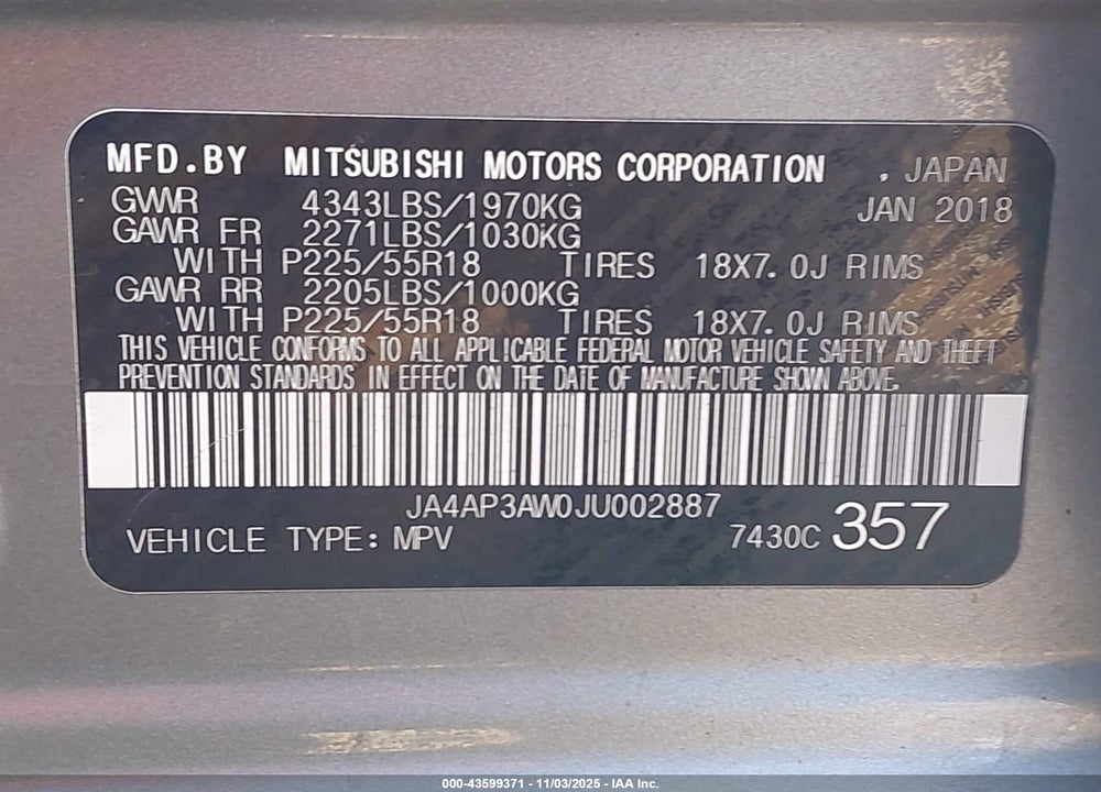 2018 MITSUBISHI OUTLANDER SPORT 2.4 SE VIN: JA4AP3AW0JU002887