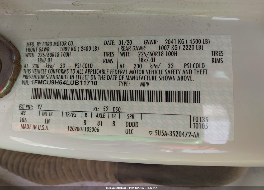 2020 FORD ESCAPE SEL VIN: 1FMCU9H64LUB11710
