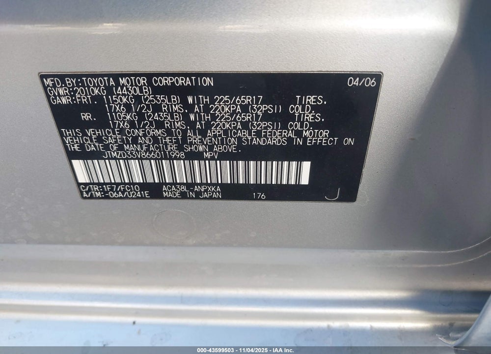 2006 TOYOTA RAV4 VIN: JTMZD33V866011998