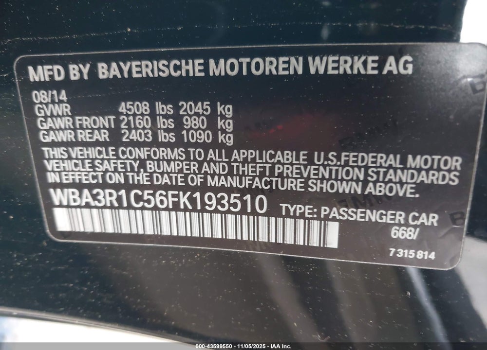 2015 BMW 435I VIN: WBA3R1C56FK193510