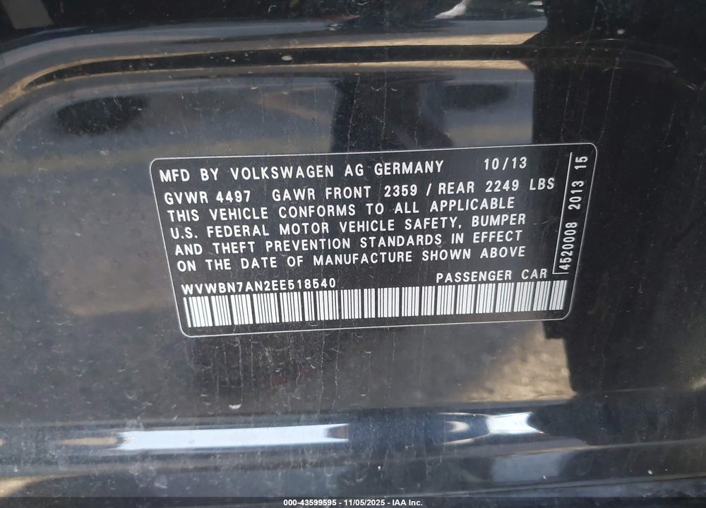 2014 VOLKSWAGEN CC 2.0T R-LINE VIN: WVWBN7AN2EE518540