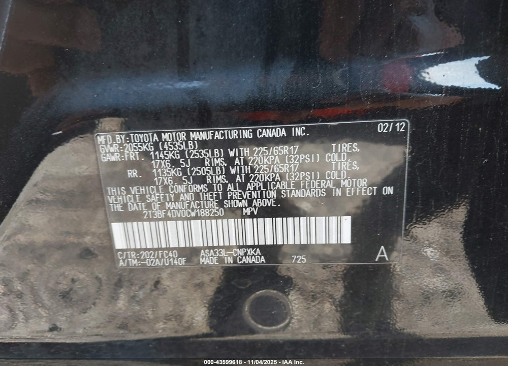 2012 TOYOTA RAV4 VIN: 2T3BF4DV0CW188250