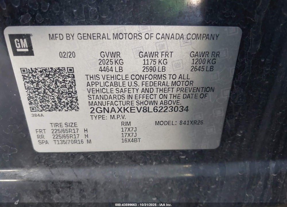 2020 CHEVROLET EQUINOX FWD LT 1.5L TURBO VIN: 2GNAXKEV8L6223034