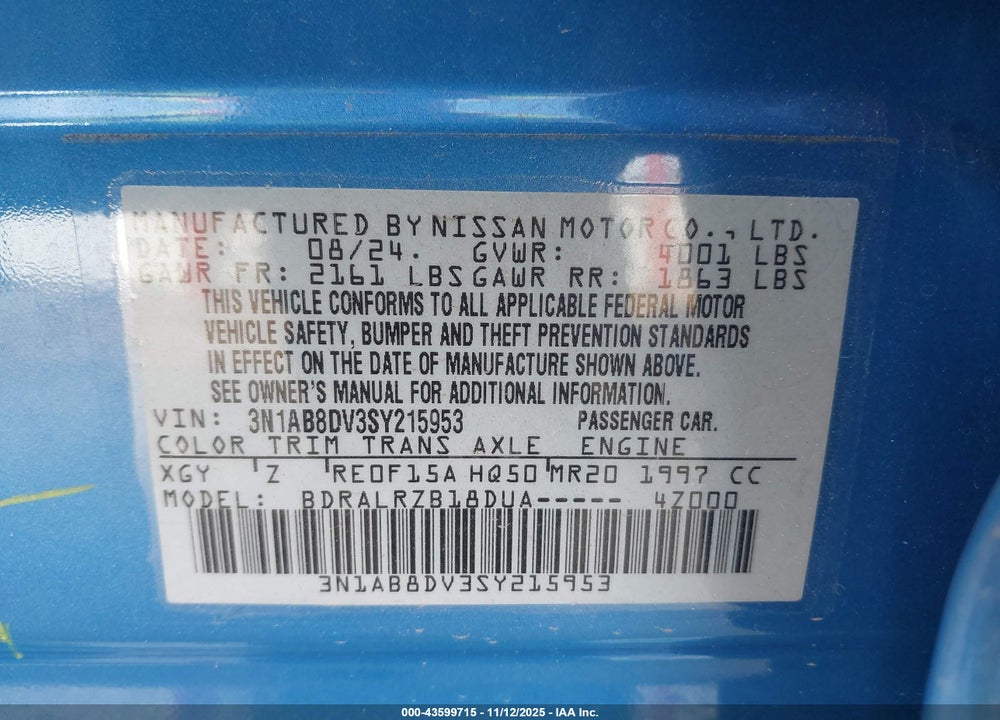 2025 NISSAN SENTRA SR VIN: 3N1AB8DV3SY215953