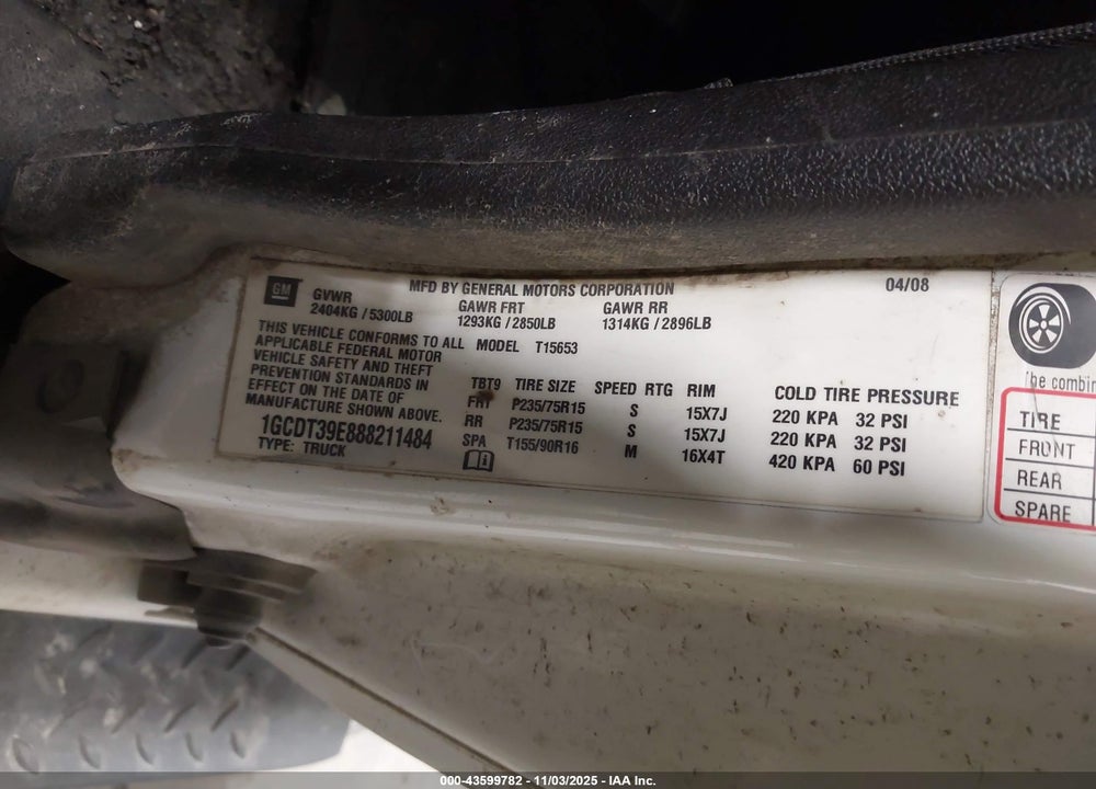 2008 CHEVROLET COLORADO LT VIN: 1GCDT39E888211484