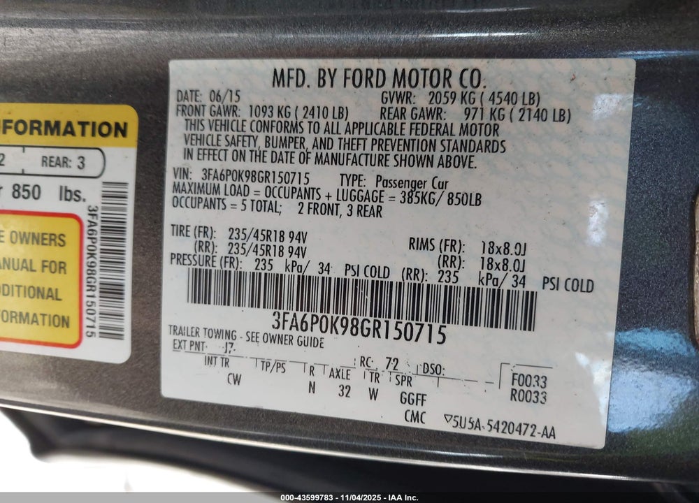 2016 FORD FUSION TITANIUM VIN: 3FA6P0K98GR150715