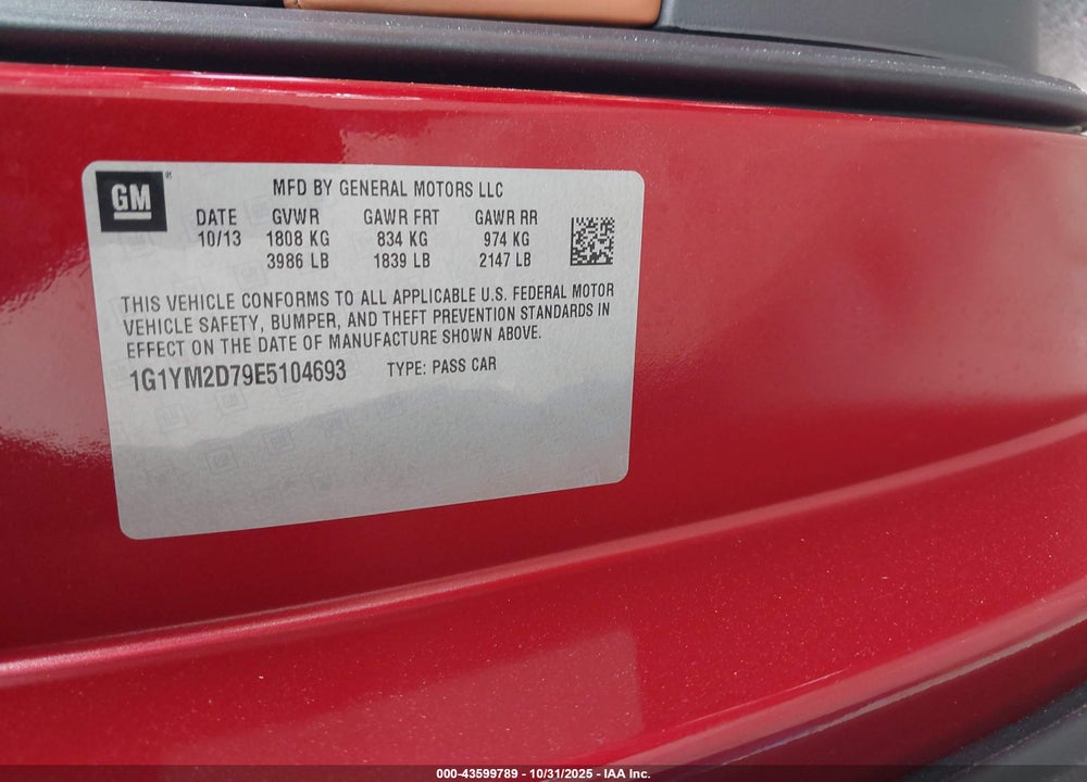 2014 CHEVROLET CORVETTE STINGRAY Z51 VIN: 1G1YM2D79E5104693