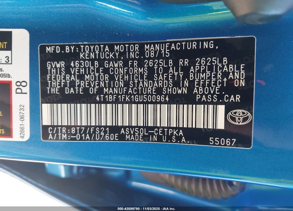 2016 TOYOTA CAMRY VIN: 4T1BF1FK1GU500964