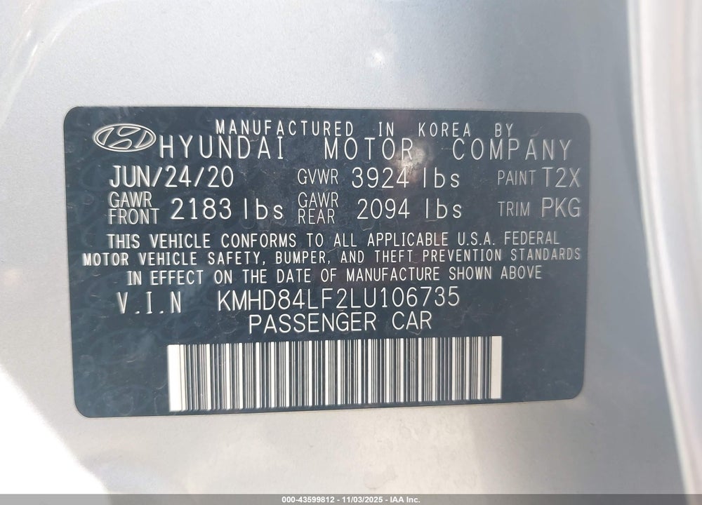2020 HYUNDAI ELANTRA VALUE EDITION VIN: KMHD84LF2LU106735