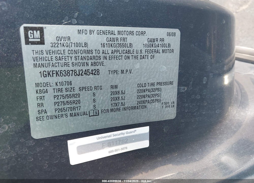 2008 GMC YUKON DENALI VIN: 1GKFK63878J245428