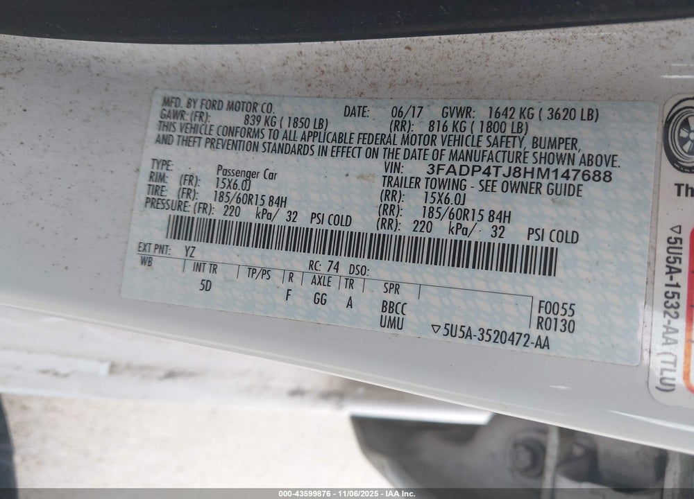 2017 FORD FIESTA S VIN: 3FADP4TJ8HM147688