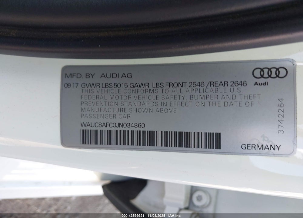 2018 AUDI A6 2.0T PREMIUM/2.0T SPORT VIN: WAUC8AFC0JN034860