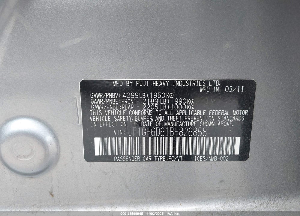 2011 SUBARU IMPREZA OUTBACK SPORT VIN: JF1GH6D61BH826858
